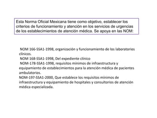 Esta Norma Oficial Mexicana tiene como objetivo, establecer los
criterios de funcionamiento y atención en los servicios de urgencias
de los establecimientos de atención médica. Se apoya en las NOM:
NOM 166-SSA1-1998, organización y funcionamiento de los laboratorios
clínicos.
NOM 168-SSA1-1998, Del expediente clínico
NOM-178-SSA1-1998, requisitos mínimos de infraestructura y
equipamiento de establecimientos para la atención médica de pacientes
ambulatorios.
NOM-197-SSA1-2000, Que establece los requisitos mínimos de
infraestructura y equipamiento de hospitales y consultorios de atención
médica especializada.
 