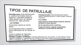 Patrullaje aereo: Esta diseñado para
la cobertura de amplias areas de
vigilancia y seguridad mediante el
vuelos razante para asi detectar
vehiculos con algun percance.
sus ventajas:
Cubre àreas mayores en menos
tiempo.
Se da respuesta pronta y oportuna.
para la informacion de los demas en
tierra.
Apoyo en traslado de: Detenidos,
heridos enfermos y auxiliados.
Patrullaje Acuatico: Esta diseñado para realizar
rapidos desplazamientos en areas fluviales, maritimas
y lacustres.
sus ventajas:
Cubre àreas en menos tiempo donde los vehiculo
terrestres no tiene abcceso.
Se da respuesta pronta y oportuna.
Puede incursionar a lugares accidentados,
estrechos o concurridos de vehiculos.
Patrullaje a caballo y en Bicicleta: Actividad realizada por los funcionarios en vias publicas, funcion
vigilancia, patrullajes, o regularizacion vial. ventaja; el funcionario realiza acercamiento directo con el
publico y ciudadanos. Puede ver, escuchar su peticiones..
 