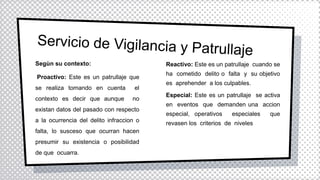 Segùn su contexto:
Proactivo: Este es un patrullaje que
se realiza tomando en cuenta el
contexto es decir que aunque no
existan datos del pasado con respecto
a la ocurrencia del delito infraccion o
falta, lo susceso que ocurran hacen
presumir su existencia o posibilidad
de que ocuarra.
Reactivo: Este es un patrullaje cuando se
ha cometido delito o falta y su objetivo
es aprehender a los culpables.
Especial: Este es un patrullaje se activa
en eventos que demanden una accion
especial, operativos especiales que
revasen los criterios de niveles
 