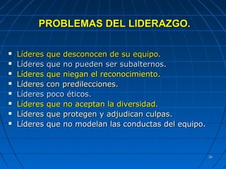 3636
PROBLEMAS DEL LIDERAZGO.PROBLEMAS DEL LIDERAZGO.
 Líderes que desconocen de su equipo.Líderes que desconocen de su equipo.
 Líderes que no pueden ser subalternos.Líderes que no pueden ser subalternos.
 Líderes que niegan el reconocimiento.Líderes que niegan el reconocimiento.
 Líderes con predilecciones.Líderes con predilecciones.
 Líderes poco éticos.Líderes poco éticos.
 Líderes que no aceptan la diversidad.Líderes que no aceptan la diversidad.
 Líderes que protegen y adjudican culpas.Líderes que protegen y adjudican culpas.
 Líderes que no modelan las conductas del equipo.Líderes que no modelan las conductas del equipo.
 