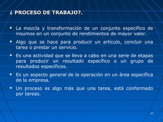 4040
¿ PROCESO DE TRABAJO?.¿ PROCESO DE TRABAJO?.
 La mezcla y transformación de un conjunto específico de
insumos en un conjunto de rendimientos de mayor valor.
 Algo que se hace para producir un artículo, concluir una
tarea o prestar un servicio.
 Es una actividad que se lleva a cabo en una serie de etapas
para producir un resultado específico o un grupo de
resultados específicos.
 Es un aspecto general de la operación en un área específica
de la empresa.
 Un proceso es algo más que una tarea, está conformado
por tareas.
 