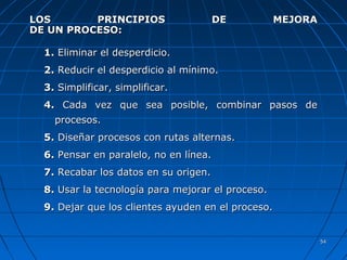 5454
LOS PRINCIPIOS DE MEJORALOS PRINCIPIOS DE MEJORA
DE UN PROCESO:DE UN PROCESO:
1.1. Eliminar el desperdicio.Eliminar el desperdicio.
2.2. Reducir el desperdicio al mínimo.Reducir el desperdicio al mínimo.
3.3. Simplificar, simplificar.Simplificar, simplificar.
4.4. Cada vez que sea posible, combinar pasos deCada vez que sea posible, combinar pasos de
procesos.procesos.
5.5. Diseñar procesos con rutas alternas.Diseñar procesos con rutas alternas.
6.6. Pensar en paralelo, no en línea.Pensar en paralelo, no en línea.
7.7. Recabar los datos en su origen.Recabar los datos en su origen.
8.8. Usar la tecnología para mejorar el proceso.Usar la tecnología para mejorar el proceso.
9.9. Dejar que los clientes ayuden en el proceso.Dejar que los clientes ayuden en el proceso.
 