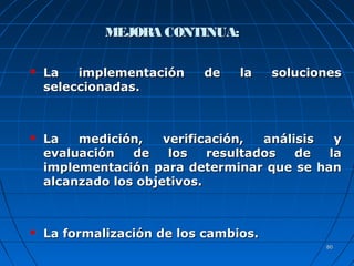 8080
 La implementación de la solucionesLa implementación de la soluciones
seleccionadas.seleccionadas.
 La medición, verificación, análisis yLa medición, verificación, análisis y
evaluación de los resultados de laevaluación de los resultados de la
implementación para determinar que se hanimplementación para determinar que se han
alcanzado los objetivos.alcanzado los objetivos.
 La formalización de los cambios.La formalización de los cambios.
MEJORA CONTINUA:MEJORA CONTINUA:
 