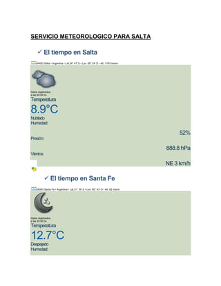 SERVICIO METEOROLOGICO PARA SALTA

      El tiempo en Salta
    (4400) Salta • Argentina • Lat.24° 47' S • Lon. 65° 24' O • Alt. 1183 msnm




Datos registrados
a las 20:00 hs.

Temperatura

8.9°C
Nublado
Humedad:

                                                                                       52%
Presión:

                                                                                  888.8 hPa
Vientos:

                                                                                  NE 3 km/h

            El tiempo en Santa Fe
    (3000) Santa Fe • Argentina • Lat.31° 39' S • Lon. 60° 43' O • Alt. 62 msnm




Datos registrados
a las 20:00 hs.

Temperatura

12.7°C
Despejado
Humedad:
 