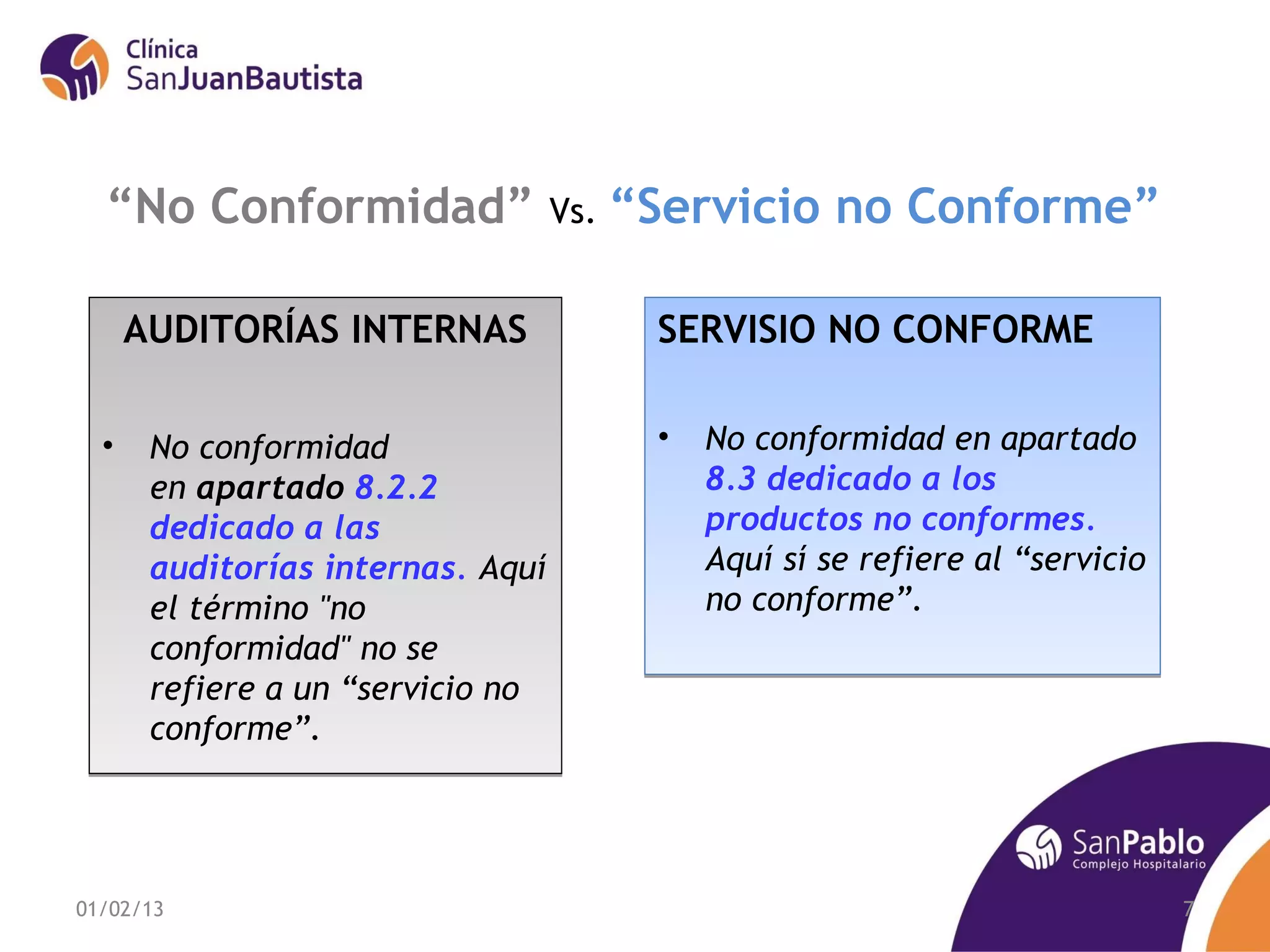 “No Conformidad”                 Vs.   “Servicio no Conforme”

      AUDITORÍAS INTERNAS                 SERVISIO NO CONFORME

  •    No conformidad                     •   No conformidad en apartado
       en apartado 8.2.2                      8.3 dedicado a los
       dedicado a las                         productos no conformes.
       auditorías internas. Aquí              Aquí sí se refiere al “servicio
       el término "no                         no conforme”.
       conformidad" no se
       refiere a un “servicio no
       conforme”.




01/02/13                                                                        7
 