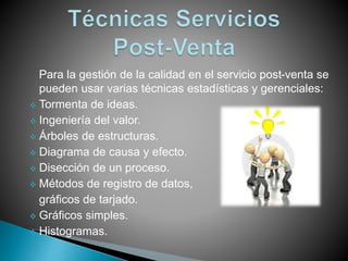 Para la gestión de la calidad en el servicio post-venta se
pueden usar varias técnicas estadísticas y gerenciales:
Tormenta de ideas.
Ingeniería del valor.
Árboles de estructuras.
Diagrama de causa y efecto.
Disección de un proceso.
Métodos de registro de datos,
gráficos de tarjado.
Gráficos simples.
Histogramas.
