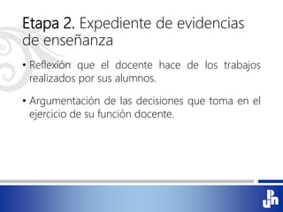 Etapa 2. Expediente de evidencias
de enseñanza
• Reflexión que el docente hace de los trabajos
realizados por sus alumnos.
• Argumentación de las decisiones que toma en el
ejercicio de su función docente.
 