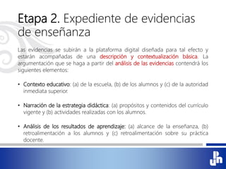 Etapa 2. Expediente de evidencias
de enseñanza
Las evidencias se subirán a la plataforma digital diseñada para tal efecto y
estarán acompañadas de una descripción y contextualización básica. La
argumentación que se haga a partir del análisis de las evidencias contendrá los
siguientes elementos:
• Contexto educativo: (a) de la escuela, (b) de los alumnos y (c) de la autoridad
inmediata superior.
• Narración de la estrategia didáctica: (a) propósitos y contenidos del currículo
vigente y (b) actividades realizadas con los alumnos.
• Análisis de los resultados de aprendizaje: (a) alcance de la enseñanza, (b)
retroalimentación a los alumnos y (c) retroalimentación sobre su práctica
docente.
 