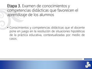 Etapa 3. Examen de conocimientos y
competencias didácticas que favorecen el
aprendizaje de los alumnos
• Conocimientos y competencias didácticas que el docente
pone en juego en la resolución de situaciones hipotéticas
de la práctica educativa, contextualizadas por medio de
casos.
 