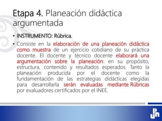 Etapa 4. Planeación didáctica
argumentada
• INSTRUMENTO: Rúbrica.
• Consiste en la elaboración de una planeación didáctica
como muestra de un ejercicio cotidiano de su práctica
docente. El docente y técnico docente elaborará una
argumentación sobre la planeación: en su propósito,
estructura, contenido y resultados esperados. Tanto la
planeación producida por el docente como la
fundamentación de las estrategias didácticas elegidas
para desarrollarla serán evaluadas mediante Rúbricas
por evaluadores certificados por el INEE.
 
