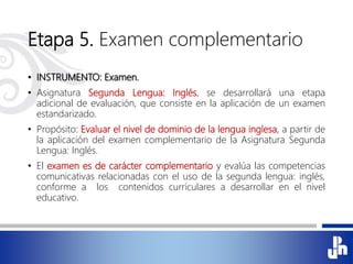 Etapa 5. Examen complementario
• INSTRUMENTO: Examen.
• Asignatura Segunda Lengua: Inglés, se desarrollará una etapa
adicional de evaluación, que consiste en la aplicación de un examen
estandarizado.
• Propósito: Evaluar el nivel de dominio de la lengua inglesa, a partir de
la aplicación del examen complementario de la Asignatura Segunda
Lengua: Inglés.
• El examen es de carácter complementario y evalúa las competencias
comunicativas relacionadas con el uso de la segunda lengua: inglés,
conforme a los contenidos curriculares a desarrollar en el nivel
educativo.
 