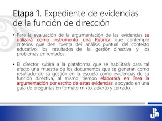 Etapa 1. Expediente de evidencias
de la función de dirección
• Para la evaluación de la argumentación de las evidencias se
utilizará como instrumento una Rúbrica que contemple
criterios que den cuenta del análisis puntual del contexto
educativo, los resultados de la gestión directiva y los
problemas enfrentados.
• El director subirá a la plataforma que se habilitará para tal
efecto una muestra de los documentos que se generan como
resultado de su gestión en la escuela como evidencias de su
función directiva, al mismo tiempo elaborará en línea la
argumentación por escrito de estas evidencias, apoyado en una
guía de preguntas en formato mixto: abierto y cerrado.
 