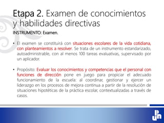 Etapa 2. Examen de conocimientos
y habilidades directivas
INSTRUMENTO: Examen.
• El examen se constituirá con situaciones escolares de la vida cotidiana,
con planteamientos a resolver. Se trata de un instrumento estandarizado,
autoadministrable, con al menos 100 tareas evaluativas, supervisado por
un aplicador.
• Propósito: Evaluar los conocimientos y competencias que el personal con
funciones de dirección pone en juego para propiciar el adecuado
funcionamiento de la escuela: al coordinar, gestionar y ejercer un
liderazgo en los procesos de mejora continua a partir de la resolución de
situaciones hipotéticas de la práctica escolar, contextualizadas a través de
casos.
 