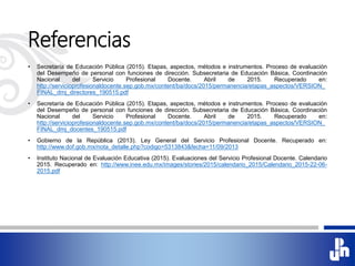 Referencias
• Secretaría de Educación Pública (2015). Etapas, aspectos, métodos e instrumentos. Proceso de evaluación
del Desempeño de personal con funciones de dirección. Subsecretaria de Educación Básica, Coordinación
Nacional del Servicio Profesional Docente. Abril de 2015. Recuperado en:
http://servicioprofesionaldocente.sep.gob.mx/content/ba/docs/2015/permanencia/etapas_aspectos/VERSION_
FINAL_dmj_directores_190515.pdf
• Secretaría de Educación Pública (2015). Etapas, aspectos, métodos e instrumentos. Proceso de evaluación
del Desempeño de personal con funciones de dirección. Subsecretaria de Educación Básica, Coordinación
Nacional del Servicio Profesional Docente. Abril de 2015. Recuperado en:
http://servicioprofesionaldocente.sep.gob.mx/content/ba/docs/2015/permanencia/etapas_aspectos/VERSION_
FINAL_dmj_docentes_190515.pdf
• Gobierno de la República (2013). Ley General del Servicio Profesional Docente. Recuperado en:
http://www.dof.gob.mx/nota_detalle.php?codigo=5313843&fecha=11/09/2013
• Instituto Nacional de Evaluación Educativa (2015). Evaluaciones del Servicio Profesional Docente. Calendario
2015. Recuperado en: http://www.inee.edu.mx/images/stories/2015/calendario_2015/Calendario_2015-22-06-
2015.pdf
 