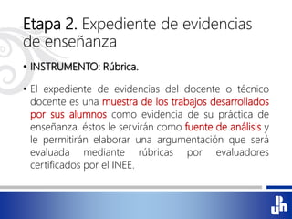 Etapa 2. Expediente de evidencias
de enseñanza
• INSTRUMENTO: Rúbrica.
• El expediente de evidencias del docente o técnico
docente es una muestra de los trabajos desarrollados
por sus alumnos como evidencia de su práctica de
enseñanza, éstos le servirán como fuente de análisis y
le permitirán elaborar una argumentación que será
evaluada mediante rúbricas por evaluadores
certificados por el INEE.
 