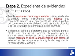 Etapa 2. Expediente de evidencias
de enseñanza
• Para la evaluación de la argumentación de las evidencias
se utilizará como instrumento una Rúbrica que
contemple criterios que den cuenta del análisis puntual
del contexto educativo, el diseño de la estrategia didáctica
y de los resultados de aprendizaje de los alumnos.
• El docente subirá a la plataforma que se habilitará para tal
efecto una muestra de trabajos elaborados por sus
alumnos como evidencias de su enseñanza, al mismo
tiempo realizará en línea la argumentación por escrito de
estas evidencias, apoyado en una guía de preguntas en
formato abierto y cerrado.
 