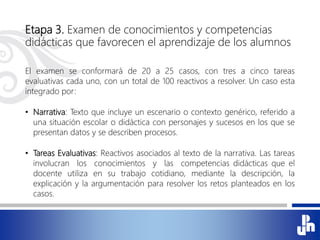 Etapa 3. Examen de conocimientos y competencias
didácticas que favorecen el aprendizaje de los alumnos
El examen se conformará de 20 a 25 casos, con tres a cinco tareas
evaluativas cada uno, con un total de 100 reactivos a resolver. Un caso esta
integrado por:
• Narrativa: Texto que incluye un escenario o contexto genérico, referido a
una situación escolar o didáctica con personajes y sucesos en los que se
presentan datos y se describen procesos.
• Tareas Evaluativas: Reactivos asociados al texto de la narrativa. Las tareas
involucran los conocimientos y las competencias didácticas que el
docente utiliza en su trabajo cotidiano, mediante la descripción, la
explicación y la argumentación para resolver los retos planteados en los
casos.
 
