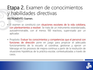 Etapa 2. Examen de conocimientos
y habilidades directivas
INSTRUMENTO: Examen.
• El examen se constituirá con situaciones escolares de la vida cotidiana,
con planteamientos a resolver. Se trata de un instrumento estandarizado,
autoadministrable, con al menos 100 reactivos, supervisado por un
aplicador.
• Propósito: Evaluar los conocimientos y competencias que el personal con
funciones de dirección pone en juego para propiciar el adecuado
funcionamiento de la escuela: al coordinar, gestionar y ejercer un
liderazgo en los procesos de mejora continua a partir de la resolución de
situaciones hipotéticas de la práctica escolar, contextualizadas a través de
casos.
 