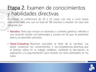 Etapa 2. Examen de conocimientos
y habilidades directivas
El examen se conformará de 20 a 25 casos, con tres a cinco tareas
evaluativas cada uno, con un total de 100 reactivos a resolver. Un caso esta
integrado por:
• Narrativa: Texto que incluye un escenario o contexto genérico, referido a
una situación escolar con personajes y sucesos en los que se presentan
datos y se describen procesos.
• Tareas Evaluativas: Reactivos asociados al texto de la narrativa. Las
tareas involucran los conocimientos y las competencias directivas que
el director utiliza en su trabajo cotidiano, mediante la descripción, la
explicación y la argumentación para resolver los retos planteados en los
casos.
 