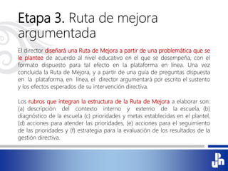 Etapa 3. Ruta de mejora
argumentada
El director diseñará una Ruta de Mejora a partir de una problemática que se
le plantee de acuerdo al nivel educativo en el que se desempeña, con el
formato dispuesto para tal efecto en la plataforma en línea. Una vez
concluida la Ruta de Mejora, y a partir de una guía de preguntas dispuesta
en la plataforma, en línea, el director argumentará por escrito el sustento
y los efectos esperados de su intervención directiva.
Los rubros que integran la estructura de la Ruta de Mejora a elaborar son:
(a) descripción del contexto interno y externo de la escuela, (b)
diagnóstico de la escuela (c) prioridades y metas establecidas en el plantel,
(d) acciones para atender las prioridades, (e) acciones para el seguimiento
de las prioridades y (f) estrategia para la evaluación de los resultados de la
gestión directiva.
 