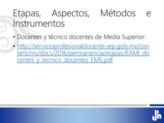 Etapas, Aspectos, Métodos e
Instrumentos
• Docentes y técnico docentes de Media Superior:
• http://servicioprofesionaldocente.sep.gob.mx/con
tent/ms/docs/2016/permanencia/etapas/EAMI_do
centes_y_tecnico_docentes_EMS.pdf
 