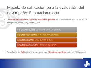 Modelo de calificación para la evaluación del
desempeño: Puntuación global
• La escala para informar sobre los resultados globales de la evaluación, que va de 800 a
1600 puntos, con los siguientes cortes:
Resultado insuficiente: Menos de 1000 puntos.
Resultado suficiente: al menos 1000 puntos.
Resultado bueno: 1200 puntos o más.
Resultado destacado: 1400 puntos o más.
• Para el caso de EMS existe una categoría más (Resultado excelente: más de 1500 puntos)
 
