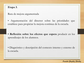 Etapa 3.
Ruta de mejora argumentada
• Argumentación del director sobre las prioridades que
establece para propiciar la mejora continua de la escuela.
• Reflexión sobre los efectos que espera producir en los
aprendizajes de los alumnos.
• Diagnóstico y descripción del contexto interno y externo de
la escuela.
Oswaldo González Sánchez
 