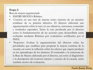 Etapa 3.
Ruta de mejora argumentada
• INSTRUMENTO: Rúbrica.
• Consiste en una ruta de mejora como muestra de un ejercicio
cotidiano de su práctica directiva. El director elaborará una
argumentación sobre la ruta: en sus objetivos, estructura, contenido
y resultados esperados. Tanto la ruta producida por el director
como la fundamentación de las acciones para desarrollarla serán
evaluadas mediante Rúbricas por evaluadores certificados por el
INEE.
• Propósito: Evaluar la argumentación del director sobre las
prioridades que establece para propiciar la mejora continua de la
escuela; así como la reflexión sobre los efectos que espera producir
en los aprendizajes de los alumnos. El contenido y la estructura de
la Ruta de Mejora elaborada por el director, así como el diagnóstico
y la descripción del contexto interno y externo de la escuela, serán
también motivo de evaluación.
Oswaldo González Sánchez
 