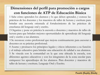 Dimensiones del perfil para promoción a cargos
con funciones de ATP de Educación Básica
1 Sabe cómo aprenden los alumnos y lo que deben aprender, y conoce las
prácticas de los docentes y los maestros de taller de lectura y escritura para
brindar una asesoría orientada al fortalecimiento de las prácticas de
enseñanza del lenguaje oral y escrito.
2 Organiza y pone en práctica la asesoría a docentes y maestros de talles de
lectura para que brinden mejores oportunidades de aprendizaje del lenguaje
oral y escrito a sus alumnos.
3 Se reconoce como profesional que mejora continuamente para asesorar a
docentes en su práctica profesional.
4 Asume y promueve los principios legales y éticos inherentes a su función
y al trabajo educativo para brindar una educación de calidad a sus alumnos.
5 Se vincula con la comunidad en la que esta ubicada la escuela, con
diferentes agentes educativos y con los integrantes de la zona escolar para
enriquecer los aprendizajes de los alumnos. Para docentes y maestros de
taller de lectura y escritura. Lenguaje Oral y Escrito.
Oswaldo González Sánchez
 