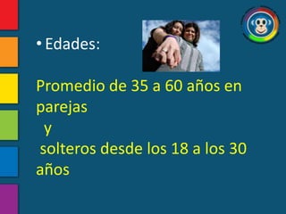 • Edades:

Promedio de 35 a 60 años en
parejas
 y
solteros desde los 18 a los 30
años
 