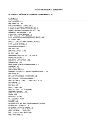 ENCUESTAS MENSUALES DE SERVICIOS
ACTIVIDAD ECONÓMICA: SERVICIOS PRESTADOS A EMPRESAS
Razón Social
DOCTOR SITE E.I.R.L.
DOCU PRINTER S.A.C.
DOMIRUTH TRAVEL SERVICE S.A.C.
DOMUS CONSULTORIA AMBIENTAL S.A.C.
DONGO‐SORIA GAVEGLIO Y ASOC. SOC. CIVIL
DOWNING TEAL DEL PERU S.A.C.
DQ INTERNATIONAL TRADE S.A.C.
DRRP SOCIEDAD ANONIMA CERRADA ‐ DRRP S.A.C.
DS GLOBAL S.A.C.
DUEÑAS COAQUIRA RAYMUNDO LONGINOS
DYER RACING TEAM S.A.C.
EAGLE CONSULTING S.A.C
EBB PERU S.A.C.
EBS CONTADORES E.I.R.L.
EC JOBS S.A.C.
ECHEVARRIA WITTING FRIDOLIN RUBEN
ECJ TECHNOLOGY S.A.
ECOANDES ADVENTURES S.R.L.
ECOCONTROL S.R.L.
ECOLOGIA Y TECNOLOGIA AMBIENTAL S. A.
ECOMON S.R.L.
ECONOGRAFIC E.I.R.L.
ECOPERU PROYECTOS Y SOLUCIONES AMBIENTALES SAC
ECS TRAVEL S.A.C
EDGARDO MANRIQUE TASADORES S.A.C.
EDIFICACIONES INMOBILIARIAS S.A.C.
EDIFICADORA DE DISEñO Y CONSTRUCCION SAC
EDIFICASA S.A.C.
EDIFICIOS S.A.
EDU EQUIPOS S.A.C.
EFCO DEL PERU LTDA. SUCURSAL
EFECTIMEDIOS PERÚ S.A.C.
EFICAZ S.R.L.
EHNI VALLEJO S.A.C.
EISA SUCURSAL PERU
EKIMED S.A.C.
EL ALFARERO A & C SOCIEDAD ANONIMA CERRADA
EL EMPORIO COMERCIAL S.A. 
EL QUINDE SHOPPING PLAZA S.A.C.
ELECTRIC SERVIS L P E.I.R.LTDA.
ELECTRICIDAD DE POTENCIA S.A.C.
ELECTRO COPY S.A.C.
 