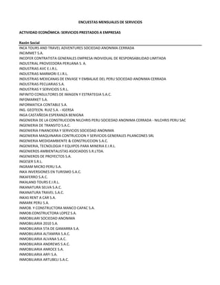 ENCUESTAS MENSUALES DE SERVICIOS
ACTIVIDAD ECONÓMICA: SERVICIOS PRESTADOS A EMPRESAS
Razón Social
INCA TOURS AND TRAVEL ADVENTURES SOCIEDAD ANONIMA CERRADA
INCIMMET S.A.
INCOFER CONTRATISTA GENERALES EMPRESA INDIVIDUAL DE RESPONSABILIDAD LIMITADA
INDUSTRIAL PROVEEDORA PERUANA S. A.
INDUSTRIAS AVC E.I.R.L.
INDUSTRIAS MARMORI E.I.R.L.
INDUSTRIAS MEXICANAS DE ENVASE Y EMBALAJE DEL PERU SOCIEDAD ANONIMA CERRADA
INDUSTRIAS PECUARIAS S.A.
INDUSTRIAS Y SERVICIOS S.R.L.
INFINITO CONSULTORES DE IMAGEN Y ESTRATEGIA S.A.C.
INFOMARKET S.A.
INFORMATICA CONTABLE S.A.
ING. GEOTECN. RUIZ S.A. ‐ IGERSA
INGA CASTAÑEDA ESPERANZA BENIGNA
INGENIERIA DE LA CONSTRUCCION NILCHRIS PERU SOCIEDAD ANONIMA CERRADA ‐ NILCHRIS PERU SAC
INGENIERIA DE TRANSITO S.A.C. 
INGENIERIA FINANCIERA Y SERVICIOS SOCIEDAD ANONIMA
INGENIERIA MAQUINARIA CONTRUCCION Y SERVICIOS GENERALES PILANCONES SRL
INGENIERIA MEDIOAMBIENTE & CONSTRUCCION S.A.C.
INGENIERIA, TECNOLOGIA Y EQUIPOS PARA MINERIA E.I.R.L.
INGENIEROS AMBIENTALISTAS ASOCIADOS S.R.LTDA.
INGENIEROS DE PROYECTOS S.A.
INGESER S.R.L.
INGRAM MICRO PERU S.A.
INKA INVERSIONES EN TURISMO S.A.C.
INKAFERRO S.A.C.
INKALAND TOURS E.I.R.L.
INKANATURA SELVA S.A.C.
INKANATURA TRAVEL S.A.C.
INKAS RENT A CAR S.A.
INMARK PERU S.A.
INMOB. Y CONSTRUCTORA MANCO CAPAC S.A.
INMOB.CONSTRUCTORA LOPEZ S.A.
INMOBILIARI SOCIEDAD ANONIMA
INMOBILIARIA 2010 S.A.
INMOBILIARIA 5TA DE GAMARRA S.A.
INMOBILIARIA ALTAMIRA S.A.C.
INMOBILIARIA ALVANA S.A.C.
INMOBILIARIA ANDREWS S.A.C.
INMOBILIARIA ANROCE S.A.
INMOBILIARIA ARFI S.A.
INMOBILIARIA ARTUBELI S.A.C.
 