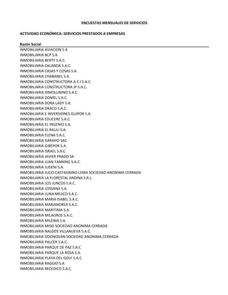 ENCUESTAS MENSUALES DE SERVICIOS
ACTIVIDAD ECONÓMICA: SERVICIOS PRESTADOS A EMPRESAS
Razón Social
INMOBILIARIA AVIACION S A
INMOBILIARIA BCP S.A.
INMOBILIARIA BERTY S.A.C.
INMOBILIARIA CALANDA S.A.C.
INMOBILIARIA CASAS Y COSAS S.A.
INMOBILIARIA CHABANEL S.A.
INMOBILIARIA CONSTRUCTORA A C J S.A.C.
INMOBILIARIA CONSTRUCTORA JP S.A.C.
INMOBILIARIA DIMOLUNINO S.A.C.
INMOBILIARIA DOMEL S.A.C.
INMOBILIARIA DORA LADY S.A.
INMOBILIARIA DRACO S.A.C.
INMOBILIARIA E INVERSIONES GUIPOR S.A.
INMOBILIARIA EDUCERE S.A.C.
INMOBILIARIA EL INGENIO S.A.
INMOBILIARIA EL RAULI S.A.
INMOBILIARIA ELENA S.A.C.
INMOBILIARIA GARAHO SAC
INMOBILIARIA GIBEPOR S.A.
INMOBILIARIA ISRAEL S.A.C.
INMOBILIARIA JAVIER PRADO SA
INMOBILIARIA JUAN FANNING S.A.C.
INMOBILIARIA JUDENI S.A.
INMOBILIARIA JULIO CASTAGNINO LEMA SOCIEDAD ANONIMA CERRADA
INMOBILIARIA LA FLORESTAL ANDINA S.R.L.
INMOBILIARIA LOS JUNCOS S.A.C.
INMOBILIARIA LOSSANA S.A.
INMOBILIARIA LUNA MEJICO S.A.C.
INMOBILIARIA MARIA ISABEL S.A.C.
INMOBILIARIA MARIANDREA S.A.C.
INMOBILIARIA MARITIMA S.A.
INMOBILIARIA MILAGROS S.A.C.
INMOBILIARIA MILENIA S.A.
INMOBILIARIA MISKI SOCIEDAD ANONIMA CERRADA
INMOBILIARIA NALDOS VILLANUEVA S.A.C.
INMOBILIARIA ODONOVAN SOCIEDAD ANONIMA CERRADA
INMOBILIARIA PALCER S.A.C.
INMOBILIARIA PARQUE DE PAZ S.A.C 
INMOBILIARIA PARQUE LA ROSA S.A.
INMOBILIARIA PLAYA DEL GOLF S.A.C.
INMOBILIARIA RAGGIO S.A.
INMOBILIARIA RECEDICO S.A.C.
 