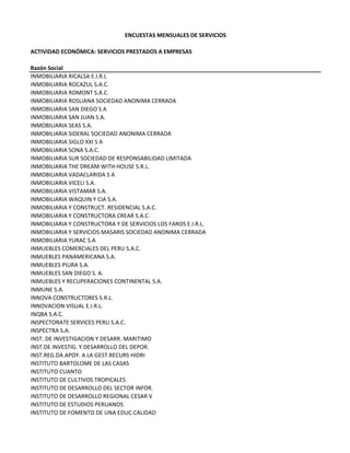 ENCUESTAS MENSUALES DE SERVICIOS
ACTIVIDAD ECONÓMICA: SERVICIOS PRESTADOS A EMPRESAS
Razón Social
INMOBILIARIA RICALSA E.I.R.L
INMOBILIARIA ROCAZUL S.A.C.
INMOBILIARIA ROMONT S.A.C.
INMOBILIARIA ROSLIANA SOCIEDAD ANONIMA CERRADA
INMOBILIARIA SAN DIEGO S A
INMOBILIARIA SAN JUAN S.A.
INMOBILIARIA SEAS S.A.
INMOBILIARIA SIDERAL SOCIEDAD ANONIMA CERRADA
INMOBILIARIA SIGLO XXI S A
INMOBILIARIA SONA S.A.C.
INMOBILIARIA SUR SOCIEDAD DE RESPONSABILIDAD LIMITADA
INMOBILIARIA THE DREAM WITH HOUSE S.R.L.
INMOBILIARIA VADACLARIDA S A
INMOBILIARIA VICELI S.A.
INMOBILIARIA VISTAMAR S.A.
INMOBILIARIA WAQUIN Y CIA S.A.
INMOBILIARIA Y CONSTRUCT. RESIDENCIAL S.A.C.
INMOBILIARIA Y CONSTRUCTORA CREAR S.A.C.
INMOBILIARIA Y CONSTRUCTORA Y DE SERVICIOS LOS FAROS E.I.R.L.
INMOBILIARIA Y SERVICIOS MASARIS SOCIEDAD ANONIMA CERRADA
INMOBILIARIA YURAC S.A
INMUEBLES COMERCIALES DEL PERU S.A.C.
INMUEBLES PANAMERICANA S.A.
INMUEBLES PIURA S.A.
INMUEBLES SAN DIEGO S. A.
INMUEBLES Y RECUPERACIONES CONTINENTAL S.A.
INMUNE S.A.
INNOVA CONSTRUCTORES S.R.L. 
INNOVACION VISUAL E.I.R.L.
INQBA S.A.C.
INSPECTORATE SERVICES PERU S.A.C.
INSPECTRA S.A.
INST. DE INVESTIGACION Y DESARR. MARITIMO
INST.DE INVESTIG. Y DESARROLLO DEL DEPOR.
INST.REG.DA APOY. A LA GEST.RECURS HIDRI
INSTITUTO BARTOLOME DE LAS CASAS 
INSTITUTO CUANTO
INSTITUTO DE CULTIVOS TROPICALES
INSTITUTO DE DESARROLLO DEL SECTOR INFOR.
INSTITUTO DE DESARROLLO REGIONAL CESAR V
INSTITUTO DE ESTUDIOS PERUANOS
INSTITUTO DE FOMENTO DE UNA EDUC.CALIDAD
 