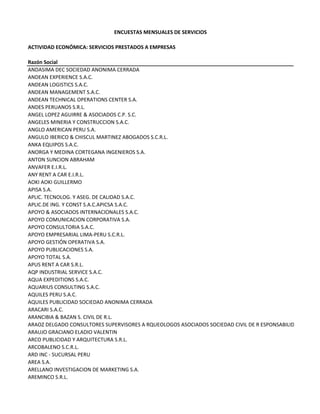 ENCUESTAS MENSUALES DE SERVICIOS
ACTIVIDAD ECONÓMICA: SERVICIOS PRESTADOS A EMPRESAS
Razón Social
ANDASIMA DEC SOCIEDAD ANONIMA CERRADA
ANDEAN EXPERIENCE S.A.C.
ANDEAN LOGISTICS S.A.C.
ANDEAN MANAGEMENT S.A.C.
ANDEAN TECHNICAL OPERATIONS CENTER S.A.
ANDES PERUANOS S.R.L.
ANGEL LOPEZ AGUIRRE & ASOCIADOS C.P. S.C.
ANGELES MINERIA Y CONSTRUCCION S.A.C.
ANGLO AMERICAN PERU S.A.
ANGULO IBERICO & CHISCUL MARTINEZ ABOGADOS S.C.R.L.
ANKA EQUIPOS S.A.C.
ANORGA Y MEDINA CORTEGANA INGENIEROS S.A.
ANTON SUNCION ABRAHAM
ANVAFER E.I.R.L.
ANY RENT A CAR E.I.R.L.
AOKI AOKI GUILLERMO
APISA S.A.
APLIC. TECNOLOG. Y ASEG. DE CALIDAD S.A.C.
APLIC.DE ING. Y CONST S.A.C.APICSA S.A.C.
APOYO & ASOCIADOS INTERNACIONALES S.A.C.
APOYO COMUNICACION CORPORATIVA S.A.
APOYO CONSULTORIA S.A.C.
APOYO EMPRESARIAL LIMA‐PERU S.C.R.L.
APOYO GESTIÓN OPERATIVA S.A.
APOYO PUBLICACIONES S.A.
APOYO TOTAL S.A.
APUS RENT A CAR S.R.L.
AQP INDUSTRIAL SERVICE S.A.C.
AQUA EXPEDITIONS S.A.C.
AQUARIUS CONSULTING S.A.C.
AQUILES PERU S.A.C.
AQUILES PUBLICIDAD SOCIEDAD ANONIMA CERRADA
ARACARI S.A.C.
ARANCIBIA & BAZAN S. CIVIL DE R.L.
ARAOZ DELGADO CONSULTORES SUPERVISORES A RQUEOLOGOS ASOCIADOS SOCIEDAD CIVIL DE R ESPONSABILID
ARAUJO GRACIANO ELADIO VALENTIN
ARCO PUBLICIDAD Y ARQUITECTURA S.R.L. 
ARCOBALENO S.C.R.L.
ARD INC ‐ SUCURSAL PERU
AREA S.A.
ARELLANO INVESTIGACION DE MARKETING S.A.
AREMINCO S.R.L.
 