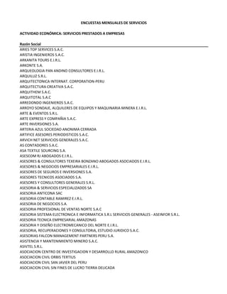 ENCUESTAS MENSUALES DE SERVICIOS
ACTIVIDAD ECONÓMICA: SERVICIOS PRESTADOS A EMPRESAS
Razón Social
ARIES TOP SERVICES S.A.C.
ARISTIA INGENIEROS S.A.C.
ARKANITA TOURS E.I.R.L.
ARKONTE S.A.
ARQUEOLOGIA PAN ANDINO CONSULTORES E.I.R.L. 
ARQUILUZ S.R.L.
ARQUITECTONICA INTERNAT. CORPORATION‐PERU
ARQUITECTURA CREATIVA S.A.C.
ARQUITHEM S.A.C.
ARQUITOTAL S.A.C
ARREDONDO INGENIEROS S.A.C.
ARROYO SONDAJE, ALQUILERES DE EQUIPOS Y MAQUINARIA MINERA E.I.R.L.
ARTE & EVENTOS S.R.L.
ARTE EXPRESS Y COMPAÑIA S.A.C.
ARTE INVERSIONES S.A.
ARTERIA AZUL SOCIEDAD ANONIMA CERRADA
ARTIFICE ASESORES PERIODISTICOS S.A.C.
ARVICH NET SERVICIOS GENERALES S.A.C.
AS CONTADORES S.A.C.
ASA TEXTILE SOURCING S.A.
ASESCOM RJ ABOGADOS E.I.R.L.
ASESORES & CONSULTORES TEXEIRA BONZANO ABOGADOS ASOCIADOS E.I.R.L.
ASESORES & NEGOCIOS EMPRESARIALES E.I.R.L.
ASESORES DE SEGUROS E INVERSIONES S.A.
ASESORES TECNICOS ASOCIADOS S.A.
ASESORES Y CONSULTORES GENERALES S.R.L.
ASESORIA & SERVICIOS ESPECIALIZADOS SA
ASESORIA ANTICONA SAC
ASESORIA CONTABLE RAMIREZ E.I.R.L.
ASESORIA DE NEGOCIOS S.A.
ASESORIA PROFESIONAL DE VENTAS NORTE S.A.C
ASESORIA SISTEMA ELECTRONICA E INFORMATICA S.R.L SERVICIOS GENERALES ‐ ASEINFOR S.R.L.
ASESORIA TECNICA EMPRESARIAL AMAZONAS 
ASESORIA Y DISEÑO ELECTROMECANICO DEL NORTE E.I.R.L.
ASESORIA, RECUPERACIONES Y CONSULTORIA, ESTUDIO JURIDICO S.A.C.
ASESORIAS FALCON MANAGEMENT PARTNERS PERU S.A.
ASISTENCIA Y MANTENIMIENTO MINERO S.A.C.
ASIVTEL S.R.L.
ASOCIACION CENTRO DE INVESTIGACION Y DESARROLLO RURAL AMAZONICO
ASOCIACION CIVIL ORBIS TERTIUS
ASOCIACION CIVIL SAN JAVIER DEL PERU
ASOCIACION CIVIL SIN FINES DE LUCRO TIERRA DELICADA
 