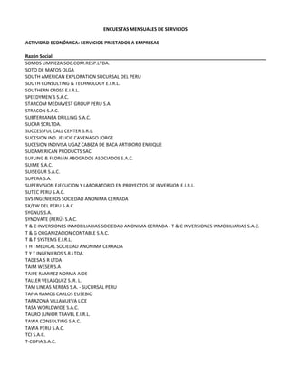 ENCUESTAS MENSUALES DE SERVICIOS
ACTIVIDAD ECONÓMICA: SERVICIOS PRESTADOS A EMPRESAS
Razón Social
SOMOS LIMPIEZA SOC.COM.RESP.LTDA.
SOTO DE MATOS OLGA
SOUTH AMERICAN EXPLORATION SUCURSAL DEL PERU
SOUTH CONSULTING & TECHNOLOGY E.I.R.L.
SOUTHERN CROSS E.I.R.L.
SPEEDYMEN´S S.A.C.
STARCOM MEDIAVEST GROUP PERU S.A. 
STRACON S.A.C.
SUBTERRANEA DRILLING S.A.C.
SUCAR SCRLTDA.
SUCCESSFUL CALL CENTER S.R.L.
SUCESION IND. JELICIC CAVENAGO JORGE
SUCESION INDIVISA UGAZ CABEZA DE BACA ARTIDORO ENRIQUE
SUDAMERICAN PRODUCTS SAC
SUFLING & FLORIÁN ABOGADOS ASOCIADOS S.A.C.
SUIME S.A.C.
SUISEGUR S.A.C.
SUPERA S.A.
SUPERVISION EJECUCION Y LABORATORIO EN PROYECTOS DE INVERSION E.I.R.L.
SUTEC PERU S.A.C.
SVS INGENIEROS SOCIEDAD ANONIMA CERRADA
SX/EW DEL PERU S.A.C.
SYGNUS S.A.
SYNOVATE (PERÚ) S.A.C.
T & C INVERSIONES INMOBILIARIAS SOCIEDAD ANONIMA CERRADA ‐ T & C INVERSIONES INMOBILIARIAS S.A.C.
T & G ORGANIZACION CONTABLE S.A.C.
T & T SYSTEMS E.I.R.L.
T H I MEDICAL SOCIEDAD ANONIMA CERRADA
T Y T INGENIEROS S.R.LTDA.
TADESA S R LTDA
TAIM WESER S.A
TAIPE RAMIREZ NORMA AIDE
TALLER VELASQUEZ S. R. L.
TAM LINEAS AEREAS S.A. ‐ SUCURSAL PERU
TAPIA RAMOS CARLOS EUSEBIO
TARAZONA VILLANUEVA LICE
TASA WORLDWIDE S.A.C.
TAURO JUNIOR TRAVEL E.I.R.L.
TAWA CONSULTING S.A.C.
TAWA PERU S.A.C.
TCI S.A.C.
T‐COPIA S.A.C.
 
