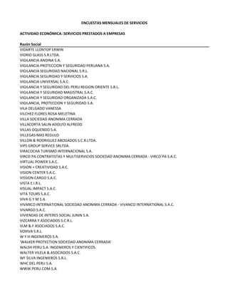 ENCUESTAS MENSUALES DE SERVICIOS
ACTIVIDAD ECONÓMICA: SERVICIOS PRESTADOS A EMPRESAS
Razón Social
VIDARTE LLONTOP ERWIN
VIDRIO GLASS S.R.LTDA.
VIGILANCIA ANDINA S.A.
VIGILANCIA PROTECCION Y SEGURIDAD PERUANA S.A.
VIGILANCIA SEGURIDAD NACIONAL S.R.L.
VIGILANCIA SEGURIDAD Y SERVICIOS S.A.
VIGILANCIA UNIVERSAL S.A.C.
VIGILANCIA Y SEGURIDAD DEL PERU REGION ORIENTE S.R.L.
VIGILANCIA Y SEGURIDAD MAGISTRAL S.A.C.
VIGILANCIA Y SEGURIDAD ORGANIZADA S.A.C.
VIGILANCIA, PROTECCION Y SEGURIDAD S.A.
VILA DELGADO VANESSA
VILCHEZ FLORES ROSA MELETINA
VILLA SOCIEDAD ANONIMA CERRADA
VILLACORTA SALIN ADOLFO ALFREDO
VILLAS OQUENDO S.A.
VILLEGAS MAS REGULO
VILLON & RODRIGUEZ ABOGADOS S.C.R.LTDA.
VIPS GROUP SERVICE SRLTDA.
VIRACOCHA TURISMO INTERNACIONAL S.A.
VIRCO´PA CONTRATISTAS Y MULTISERVICIOS SOCIEDAD ANONIMA CERRADA ‐ VIRCO´PA S.A.C.
VIRTUAL POWER S.A.C.
VISION + CREATIVIDAD S.A.C.
VISION CENTER S.A.C.
VISSION CARGO S.A.C.
VISTA E.I.R.L.
VISUAL IMPACT S.A.C. 
VITA TOURS S.A.C.
VIVA G Y M S.A.
VIVANCO INTERNATIONAL SOCIEDAD ANONIMA CERRADA ‐ VIVANCO INTERNATIONAL S.A.C.
VIVARGO S.A.C.
VIVIENDAS DE INTERES SOCIAL JUNIN S.A. 
VIZCARRA Y ASOCIADOS S.C.R.L.
VLM & F ASOCIADOS S.A.C.
VOXIVA S.R.L.
W Y H INGENIEROS S.A.
'WALKER PROTECTION SOCIEDAD ANONIMA CERRADA'
WALSH PERU S.A. INGENIEROS Y CIENTIFICOS. 
WALTER VILELA & ASOCIADOS S.A.C.
WF SILVA INGENIEROS S.R.L.
WHC DEL PERU S.A.
WWW.PERU.COM.S.A.
 