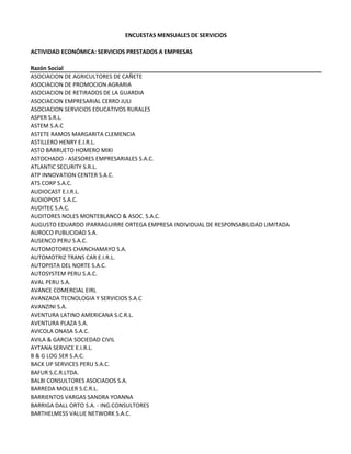 ENCUESTAS MENSUALES DE SERVICIOS
ACTIVIDAD ECONÓMICA: SERVICIOS PRESTADOS A EMPRESAS
Razón Social
ASOCIACION DE AGRICULTORES DE CAÑETE
ASOCIACION DE PROMOCION AGRARIA
ASOCIACION DE RETIRADOS DE LA GUARDIA 
ASOCIACION EMPRESARIAL CERRO JULI
ASOCIACION SERVICIOS EDUCATIVOS RURALES
ASPER S.R.L.
ASTEM S.A.C
ASTETE RAMOS MARGARITA CLEMENCIA
ASTILLERO HENRY E.I.R.L.
ASTO BARRUETO HOMERO MIKI
ASTOCHADO ‐ ASESORES EMPRESARIALES S.A.C.
ATLANTIC SECURITY S.R.L.
ATP INNOVATION CENTER S.A.C.
ATS CORP S.A.C.
AUDIOCAST E.I.R.L.
AUDIOPOST S.A.C.
AUDITEC S.A.C.
AUDITORES NOLES MONTEBLANCO & ASOC. S.A.C.
AUGUSTO EDUARDO IPARRAGUIRRE ORTEGA EMPRESA INDIVIDUAL DE RESPONSABILIDAD LIMITADA
AUROCO PUBLICIDAD S.A.
AUSENCO PERU S.A.C.
AUTOMOTORES CHANCHAMAYO S.A.
AUTOMOTRIZ TRANS CAR E.I.R.L.
AUTOPISTA DEL NORTE S.A.C.
AUTOSYSTEM PERU S.A.C.
AVAL PERU S.A.
AVANCE COMERCIAL EIRL
AVANZADA TECNOLOGIA Y SERVICIOS S.A.C
AVANZINI S.A.
AVENTURA LATINO AMERICANA S.C.R.L.
AVENTURA PLAZA S.A.
AVICOLA ONASA S.A.C.
AVILA & GARCIA SOCIEDAD CIVIL
AYTANA SERVICE E.I.R.L.
B & G LOG SER S.A.C.
BACK UP SERVICES PERU S.A.C.
BAFUR S.C.R.LTDA.
BALBI CONSULTORES ASOCIADOS S.A.
BARREDA MOLLER S.C.R.L.
BARRIENTOS VARGAS SANDRA YOANNA
BARRIGA DALL ORTO S.A. ‐ ING.CONSULTORES
BARTHELMESS VALUE NETWORK S.A.C.
 