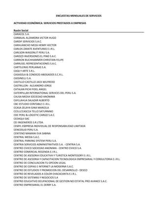 ENCUESTAS MENSUALES DE SERVICIOS
ACTIVIDAD ECONÓMICA: SERVICIOS PRESTADOS A EMPRESAS
Razón Social
CARACOL S.A.
CARBAJAL ALZAMORA VICTOR HUGO
CARDIF SERVICIOS S.A.C.
CARHUANCHO MEZA HENRY HECTOR
CARLOS ZARATE AVENTURAS E.I.R.L.
CARLSON WAGONLIT PERU S.A.
CAROZZI INVERSIONES EL PINO S.A.C.
CARRION BUCHHAMMER CHRISTIAN FELIPE
CARRUSEL REPRESENTACIONES S.A.C.
CARTELERAS PERUANAS S.A.
CASA Y ARTE S.R.L.
CASASOLA & CONDEZO ABOGADOS S.C.R.L.
CASSINELLI S.A.
CASTILLO CASTILLO JACK WILFREDO
CASTRILLON ‐ ALEJANDRO JORGE
CATALAN PICHI FIDEL ANGEL
CATERPILLAR INTERNATIONAL SERVICES DEL PERU S.A.
CAUSA MEDIA SOCIEDAD ANONIMA
CAYLLAHUA SALAZAR ALBERTO
CBC ESTUDIO CONTABLE E.I.R.L.
CCASA ZELAYA GINA MARCELA
CCELLCCASCCA TELLO SATURNINO
CDC PERU & LOGISTIC CARGO S.A.C.
CEDAQUI SAC
CEI INGENIEROS S.R.LTDA. 
CEMYL EMPRESA INDIVIDUAL DE RESPONSABILIDAD LIMITADA
CENCOSUD PERU S.A.
CENTENO MAMANI EVA SABINA
CENTRAL MEDIA S.A.C.
CENTRAL PARKING SYSTEM PERU S.A.
CENTRIA SERVICIOS ADMINISTRATIVOS S.A. ‐ CENTRIA S.A.
CENTRO CIVICO SOCIEDAD ANONIMA ‐ CENTRO CIVICO S.A.
CENTRO COMERCIAL REGENDA E.I.R.L.
CENTRO DE ASESORIA EDUCATIVA Y TURISTICA MONTESORY E.I.R.L.
CENTRO DE ASESORIA Y CAPACITACION TECNOLOGICA EMPRESARIAL Y CONSULTORIA E.I.R.L.
CENTRO DE CONCILIACION TU OPCION LEGAL
CENTRO DE COPIAS E INTERNET LA MODERNA S.A.C.
CENTRO DE ESTUDIOS Y PROMOCION DEL DESARROLLO ‐ DESCO
CENTRO DE REVELADOS A COLOR CHACACANTA E.I.R.L.
CENTRO DE SISTEMAS Y NEGOCIOS S.A
CENTRO EDUCATIVO OCUPACIONAL DE GESTION NO ESTATAL PRO AVANCE S.A.C. 
CENTRO EMPRESARIAL EL DERBY S.A.
 