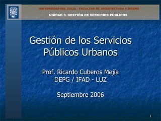 Gestión de los Servicios Públicos Urbanos Prof. Ricardo Cuberos Mejía DEPG / IFAD - LUZ Septiembre 2006 