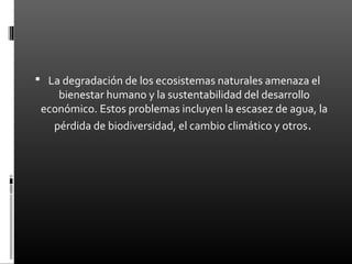  La degradación de los ecosistemas naturales amenaza el
    bienestar humano y la sustentabilidad del desarrollo
 económico. Estos problemas incluyen la escasez de agua, la
   pérdida de biodiversidad, el cambio climático y otros.
 
