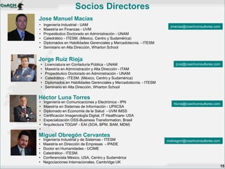Socios Directores 
15 
Jose Manuel Macías 
•Ingeniería Industrial - UAM 
•Maestría en Finanzas - UVM 
•Propedéutico Doctorado en Administración - UNAM 
•Catedrático - ITESM. (México, Centro y Sudamérica) 
•Diplomados en Habilidades Gerenciales y Mercadotecnia. - ITESM 
•Seminario en Alta Dirección, Wharton School 
•Licenciatura en Contaduría Pública - UNAM 
•Maestría en Administración y Alta Dirección - ITAM 
•Propedéutico Doctorado en Administración - UNAM 
•Catedrático - ITESM. (México, Centro y Sudamérica) 
•Diplomados en Habilidades Gerenciales y Mercadotecnia. - ITESM 
•Seminario en Alta Dirección, Wharton School 
Jorge Ruíz Rioja 
•Ingeniería en Comunicaciones y Electrónica - IPN 
•Maestría en Sistemas de Información - UPIICSA 
•Diplomado en EconomIa de la Salud - UVM IMSS 
•Certificación ImagenologÍa Digital, IT Healthcare- USA 
•Especialización OSS-Business Transformation, Brasil 
•Arquitectura TOGAF - EAI (SOA, BPM, BAM, MDM) 
• 
Héctor Luna Torres 
•Ingeniería Industrial y de Sistemas - ITESM 
•Maestría en Dirección de Empresas - IPADE 
•Doctor en Humanidades - UCIME 
•Catedrático - ITESM. 
•Conferencista México, USA, Centro y Sudamérica 
•Negociaciones Internacionales, Cambridge UK 
Miguel Obregón Cervantes 
hluna@coachconsultores.com 
mobregon@coachconsultores.com 
jruiz@coachconsultores.com 
jmacias@coachconsultores.com  