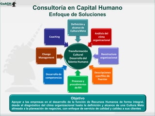 Objetivo Apoyar a las empresas en el desarrollo de la función de Recursos Humanos de forma integral, desde el diagnóstico del clima organizacional hasta la definición y alcance de una Cultura Meta alineada a la planeación de negocios, con enfoque de servicio de calidad y calidez a sus clientes 
Consultoría en Capital Humano Enfoque de Soluciones 
Transformación Cultural Desarrollo del Talento HumanoCoachingDefinición y alcance de Cultura MetaAnálisis del clima organizacionalDescripciones y perfiles de PuestosDesarrollo de competenciasProcesos y procedimientosde RHChange ManagementReestructuraorganizacional  