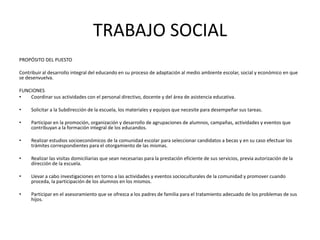 TRABAJO SOCIAL
PROPÓSITO DEL PUESTO
Contribuir al desarrollo integral del educando en su proceso de adaptación al medio ambiente escolar, social y económico en que
se desenvuelva.
FUNCIONES
• Coordinar sus actividades con el personal directivo, docente y del área de asistencia educativa.
• Solicitar a la Subdirección de la escuela, los materiales y equipos que necesite para desempeñar sus tareas.
• Participar en la promoción, organización y desarrollo de agrupaciones de alumnos, campañas, actividades y eventos que
contribuyan a la formación integral de los educandos.
• Realizar estudios socioeconómicos de la comunidad escolar para seleccionar candidatos a becas y en su caso efectuar los
trámites correspondientes para el otorgamiento de las mismas.
• Realizar las visitas domiciliarias que sean necesarias para la prestación eficiente de sus servicios, previa autorización de la
dirección de la escuela.
• Llevar a cabo investigaciones en torno a las actividades y eventos socioculturales de la comunidad y promover cuando
proceda, la participación de los alumnos en los mismos.
• Participar en el asesoramiento que se ofrezca a los padres de familia para el tratamiento adecuado de los problemas de sus
hijos.
 
