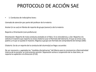 PROTOCOLO DE ACCIÓN SAE
• 1. Conductas de indisciplina leves:
Llamado de atención por parte del profesor de la materia
Anotar (si se usa) en libreta de reporte de grupo (asesor) o de la materia
Reporte a Orientación (con prefectura)
Orientación: Reporte de mala conducta anotado en el libro. Si es reincidencia, o 3er. Reporte o lo
solicita el maestro que reporta se envía citatorio (usar el formato del talonario. El que se envía a los
padres y el que se queda el maestro. Regresa a grupo con formato de comprobante de tiempo (SAE)
Citatorio: Se da un reporte de la conducta del alumno(a) se llega a acuerdos
De ser necesario, y agotadas las “medidas disciplinarias” del Marco para la convivencia o Normatividad
interna de la escuela, se instrumenta sanción: Separación activa o suspensión de la clase bien, se
reporta la supleción a la Dirección (P.10)
 