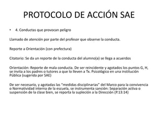 PROTOCOLO DE ACCIÓN SAE
• 4. Conductas que provocan peligro
Llamado de atención por parte del profesor que observe la conducta.
Reporte a Orientación (con prefectura)
Citatorio: Se da un reporte de la conducta del alumno(a) se llega a acuerdos
Orientación: Reporte de mala conducta. De ser reincidente y agotados los puntos G, H,
se invita a los padres o tutores a que lo lleven a Tx. Psicológico en una institución
Pública (sugerida por SAE)
De ser necesario, y agotadas las “medidas disciplinarias” del Marco para la convivencia
o Normatividad interna de la escuela, se instrumenta sanción: Separación activa o
suspensión de la clase bien, se reporta la supleción a la Dirección (P.13:14)
 