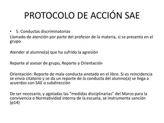 PROTOCOLO DE ACCIÓN SAE
• 5. Conductas discriminatorias
Llamado de atención por parte del profesor de la materia, si se presenta en el
grupo
Atender al alumno(a) que ha sufrido la agresión
Reporte al asesor de grupo, Reporte a Orientación
Orientación: Reporte de mala conducta anotado en el libro. Si es reincidencia
se envía citatorio y se da un reporte de la conducta del alumno(a) se llega a
acuerdos con SAE o subdirección
De ser necesario, y agotadas las “medidas disciplinarias” del Marco para la
convivencia o Normatividad interna de la escuela, se instrumenta sanción
(p14)
 