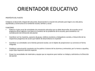 ORIENTADOR EDUCATIVO
PROPÓSITO DEL PUESTO
Colaborar al desarrollo integral del educando, favoreciendo la creación de actitudes para lograr una vida plena,
equilibrada y constructiva en el ambiente escolar, familiar y social.
FUNCIONES
• Elaborar el plan anual de actividades de orientación educativa que se debe desarrollar, de acuerdo con el
programa oficial vigente y con base en el análisis de los problemas de la escuela, para someterlo a la
consideración de la Dirección del plantel.
• Coordinar con los maestros, asesores de grupo, médicos escolares y trabajadores sociales, el desarrollo de los
respectivos programas de acción que habrán de desarrollarse en el plantel.
• Coordinar sus actividades con el demás personal escolar, con el objeto de proporcionar sus servicios en forma
integrada.
• Establecer comunicación constante con los padres ó tutores de los alumnos y entrevistar, por lo menos a aquellos,
cuyos hijos requieran atención especial.
• Prever las necesidades de materiales y equipo que se requieran para realizar su trabajo y solicitarlos a la Dirección
del plantel.
 
