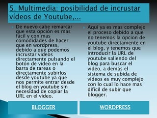    De nuevo cabe remarcar        Aquí ya es mas complejo
    que esta opción es mas         el proceso debido a que
    fácil y con mas                no tenemos la opcion de
    comodidades de hacer           youtube directamente en
    que en wordpress,
    debido a que podemos           el blog, y tenemos que
    incrustar videos               introducir la URL de
    directamente pulsando el       youtube saliendo del
    botón de video en la           blog para buscar el
    barra de tareas o              video, a demás el
    directamente subirlos          sistema de subida de
    desde youtube ya que           videos es muy complejo
    nos permite entrar desde       con lo cual lo hace mas
    el blog en youtube sin
    necesidad de copiar la         difícil de subir que
    URL en el video.               blogger.

          BLOGGER                      WORDPRESS
 
